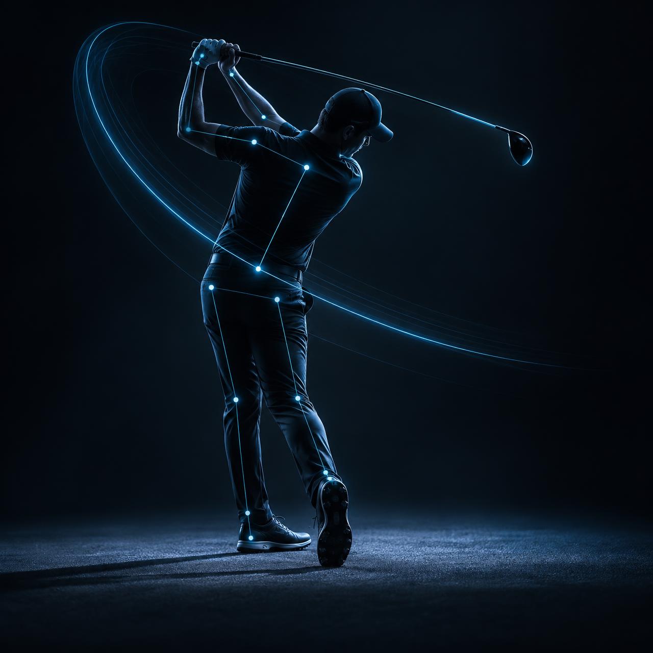 Athlete mid golf swing with AI motion tracking markers highlighting body positions